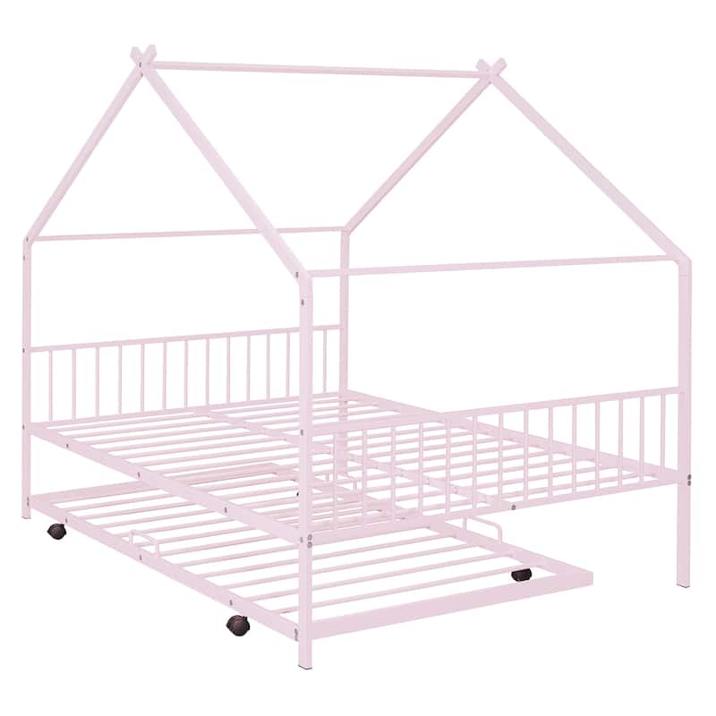 Full Size Metal House Bed with Twin Size Trundle