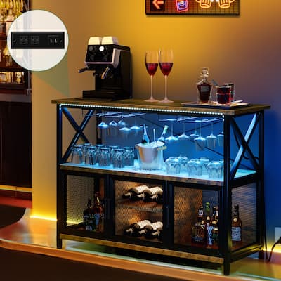 47" Wine Bar Cabinet with LED Lights Power Outlets Industrial Coffee Bar Cabinet - 47.2"L x 15.7"W x 33.4"H