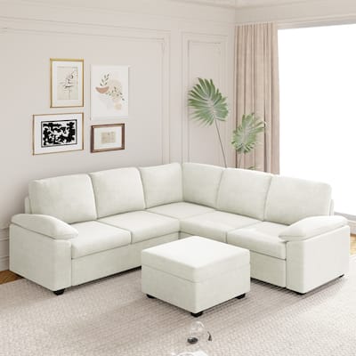 Modern Velvet L Shaped Sectional Sofa Set with Ottoman and Armrest Pillow