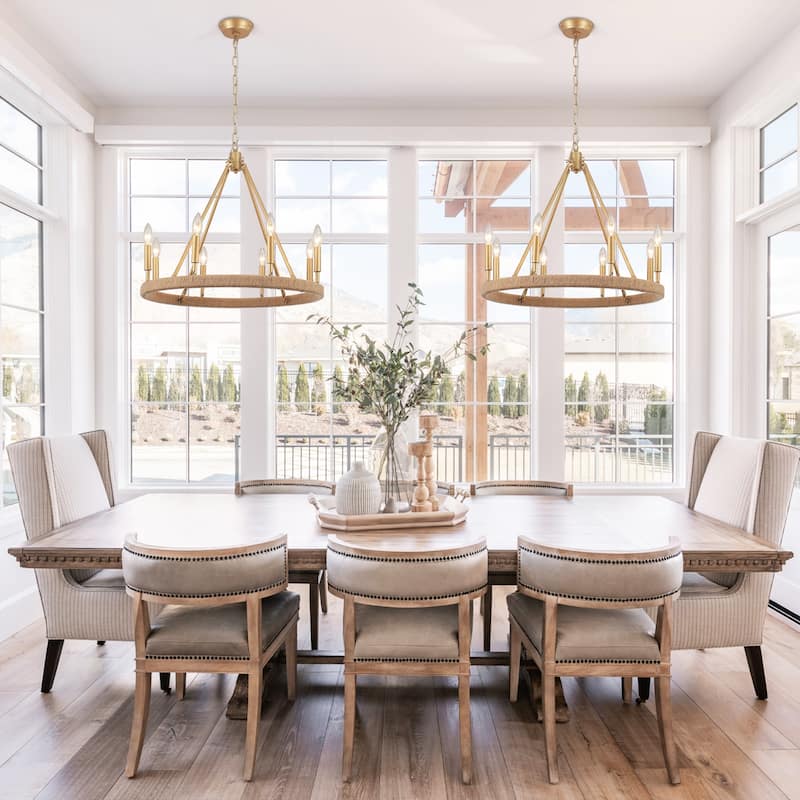 8-Light Rustic Hemp Rope Wagon Wheel Chandelier, Classic Farmhouse Chandelier for Dining Living Room - W23.62"x H20.47"