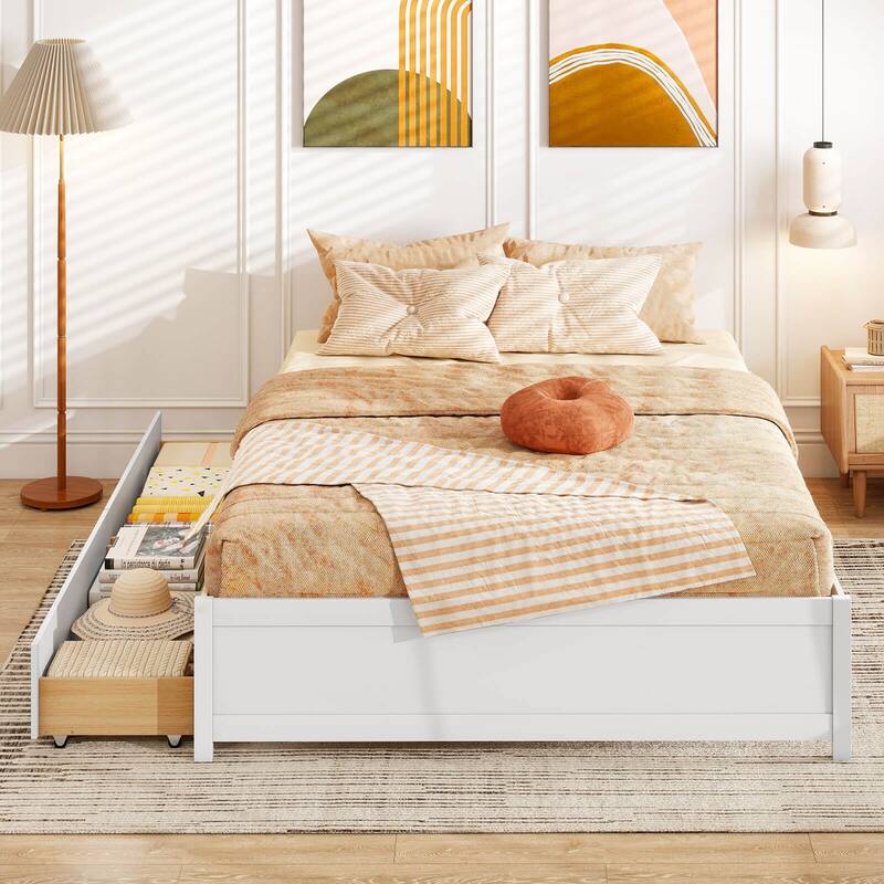 Costway Full/Queen Size Wooden Platform Bed with 2 Rolling Storage