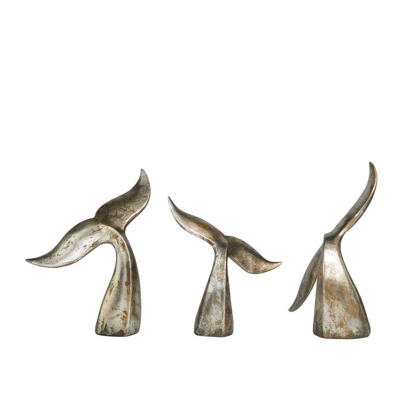 Silver Polystone Whale Decorative Sculpture with Various Sized Tails and Copper Distressing (Set of 3)