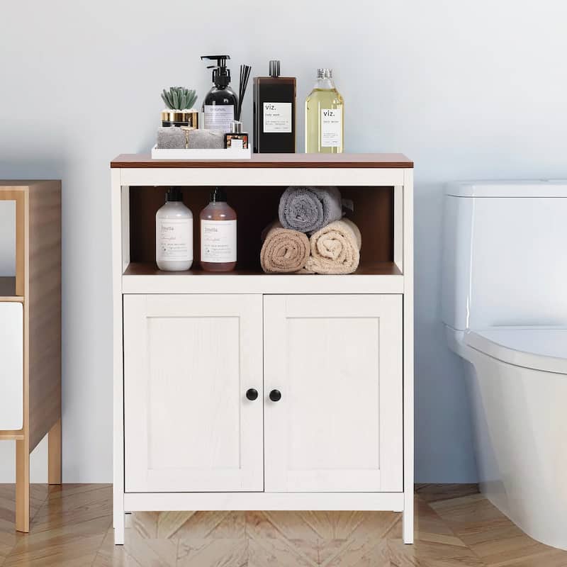 White and Brown Wood 2-Door Bathroom Storage Cabinet - 30.25" H x 23.63" W x 12.4" D