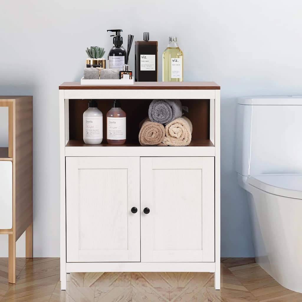 White and Brown Wood 2-Door Bathroom Storage Cabinet - 30.25" H x 23.63" W x 12.4" D