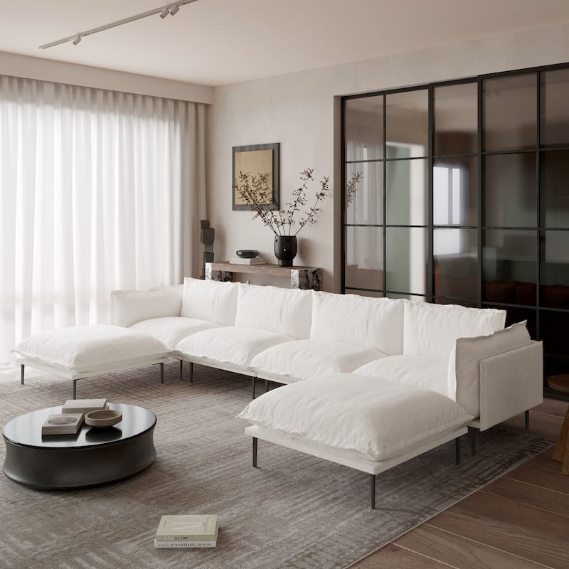 Modern Minimalist Upholstered Couches, 147" 4-Seater Cloud Modular Sectional Sofa with 2 Ottoman,U Shaped Couch for Living Room