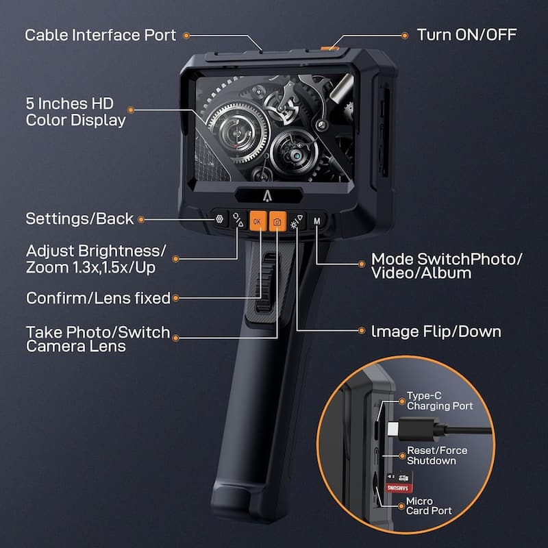 Single Lens Tube Borescope 1080P HD Lens, 5-inch IPS Screen - N/A