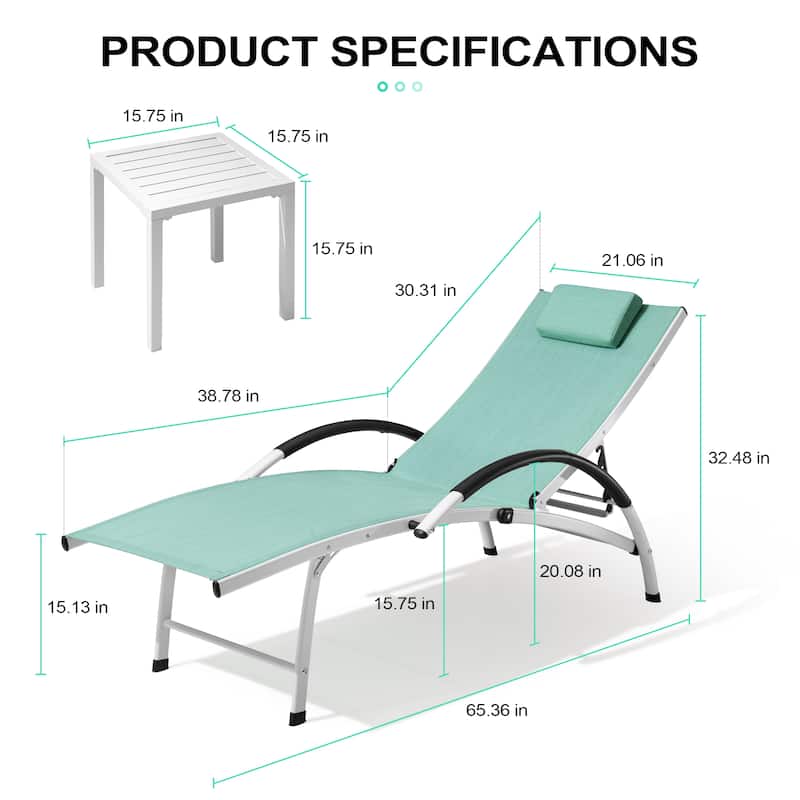 3-piece Outdoor Adjustable Aluminum Reclining Chaise Lounge Chairs with Wheels and Side Table Set