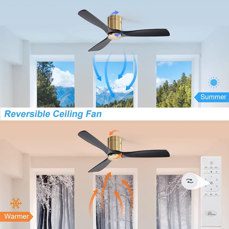 52" Flush Mount Ceiling Fan without Light,Reversible DC Motor,Wood Blades,Gold and Black - 52 Inch