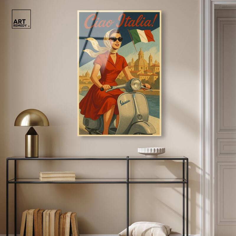 Scooter Italian Travel Acrylic by Art Remedy, Ready to Hang
