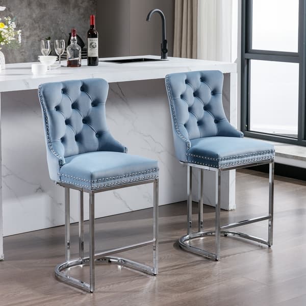 Velvet Barstools with Rivet Trim, Counter Height Bar Stools Set of