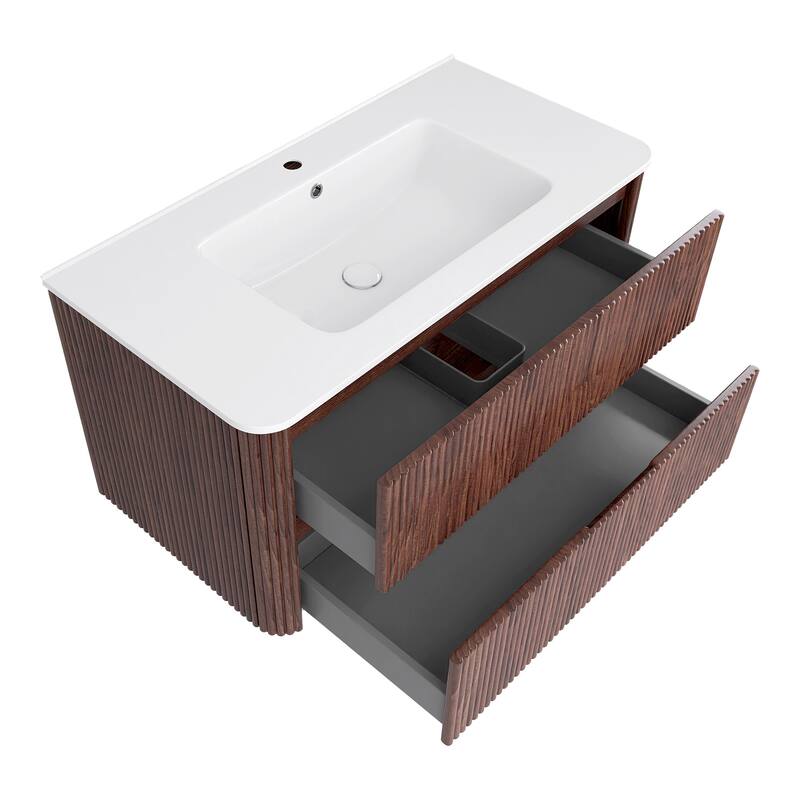 Wall-Mounted Bathroom Vanity in Walnut with Integrated White Ceramic Sink