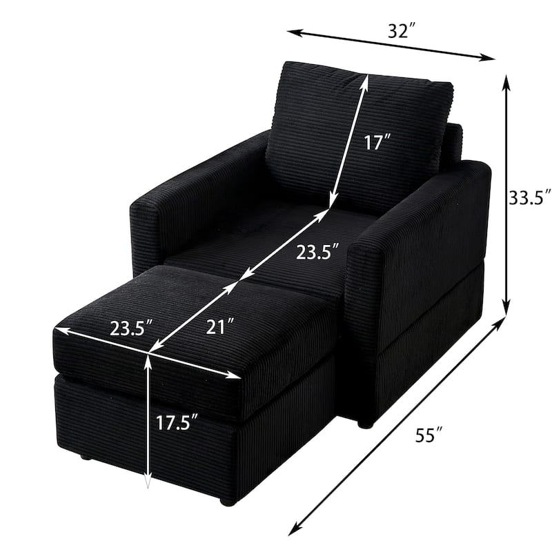 Corduroy Chaise Lounge Set with Ottoman and Adjustable Backrest