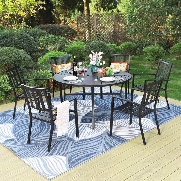 MAISON ARTS 7 Pieces Outdoor Dining Set for 6 Large Round Dining Table with Umbrella Hole Stackable Metal Chairs On Sale Bed Bath Beyond 40545189