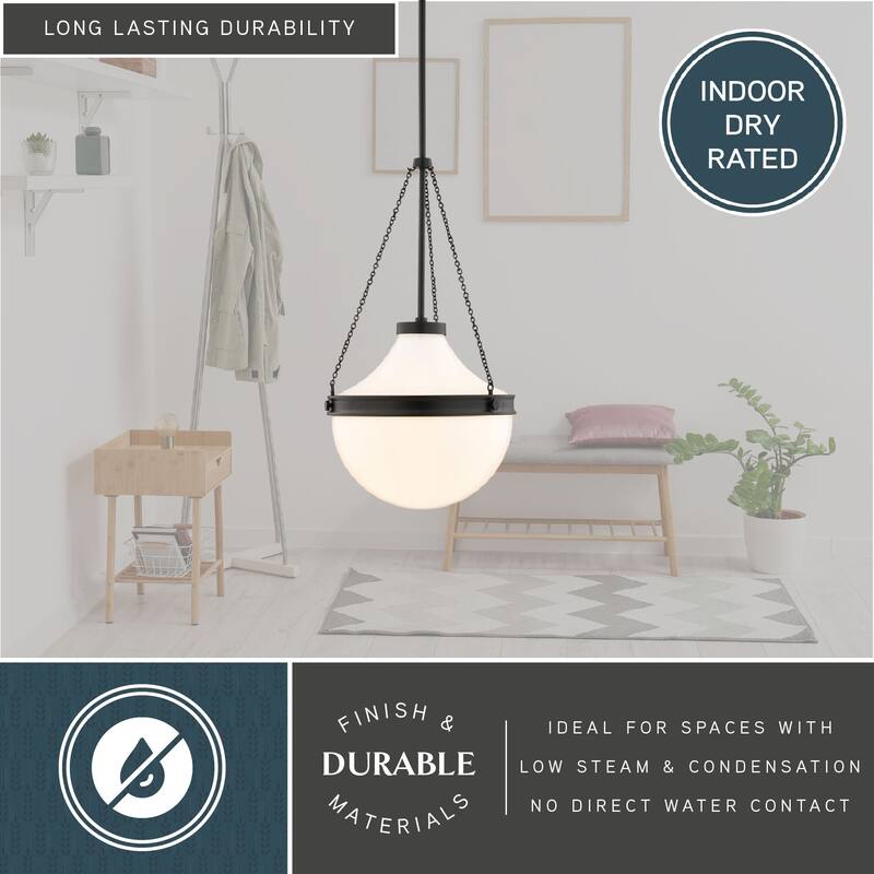 VAXCEL Lincoln 1-Light 12.75 in. Wide Globe Mini Pendant with White Milk Glass Shade, Adj Height Hanging Ceiling Fixture