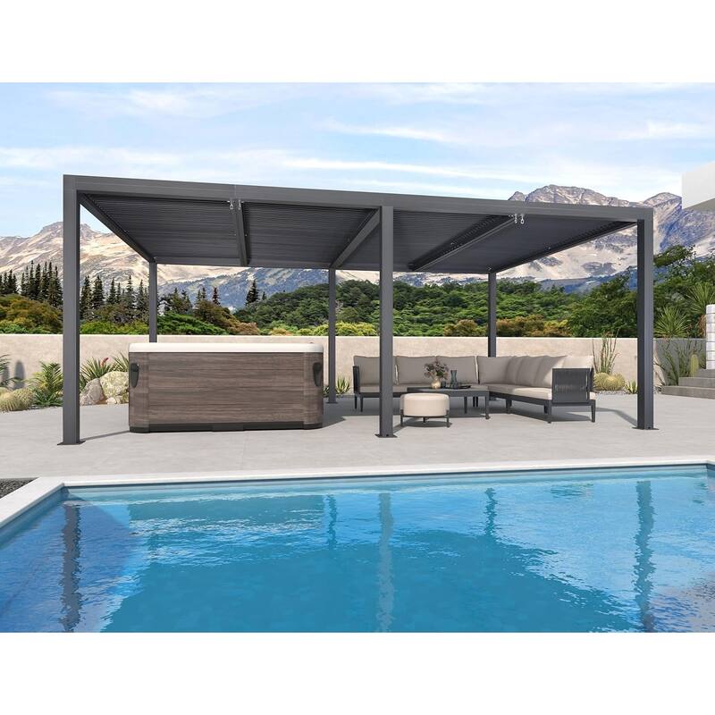 PURPLE LEAF Gray Louvered Pergola Outdoor Aluminum Pergola with Adjustable Roof for Patio Grey Hardtop Gazebo - 12' x 20' - Grey