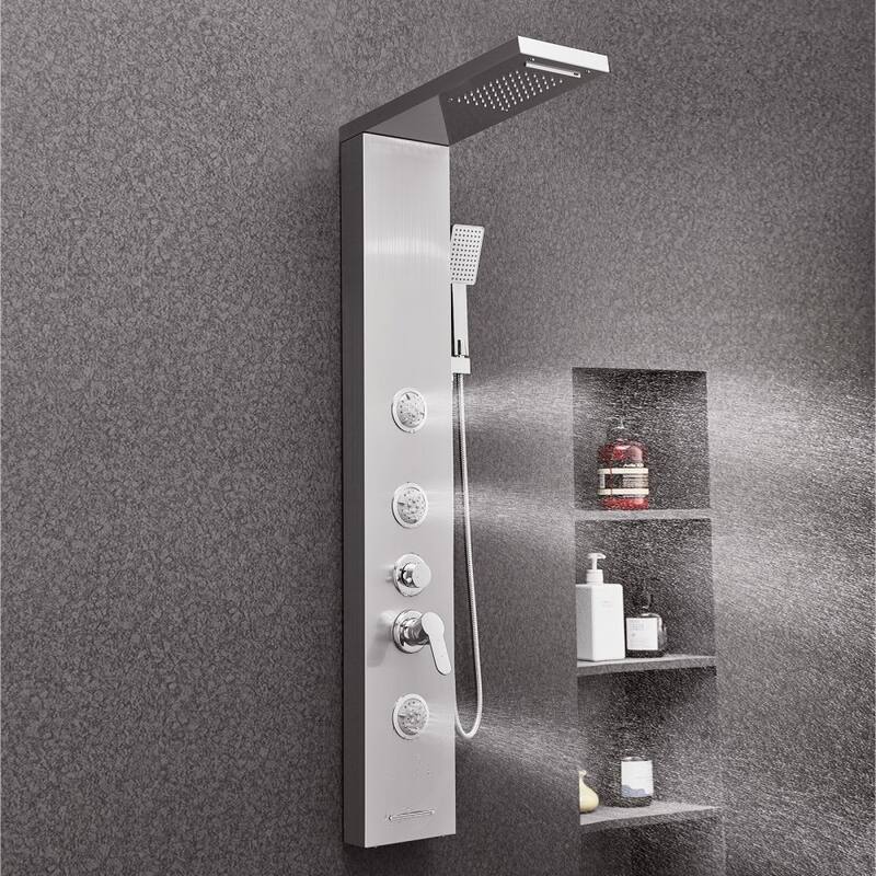 Silver Stainless Steel 5-in-1 Shower Panel Tower System with Rainfall, Waterfall, Jets and Handheld - 53.0x 7.9x 18.1 inch