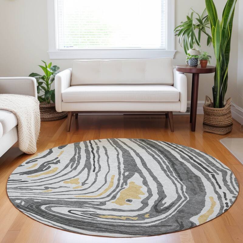 Machine Washable Indoor/ Outdoor Abstract Brushstrokes Chantille Rug - Gray - 8' x 8'