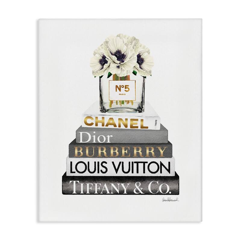 Stupell Blooming White Floral Display on Glam Designer Bookstack Canvas Wall Art - Multi-Color - 24 x 30