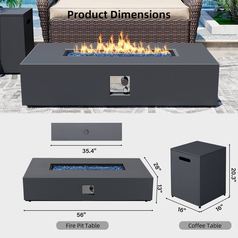Patio Watcher Outdoor 56in. Rectangular Iron Fire Pit Table with Propane Tank Cover
