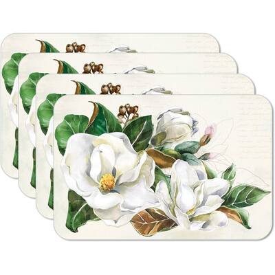 CounterArt Magnolia Wreath, Reversible Easy Care Flexible Plastic Placemat 4 Pack Made in The USA