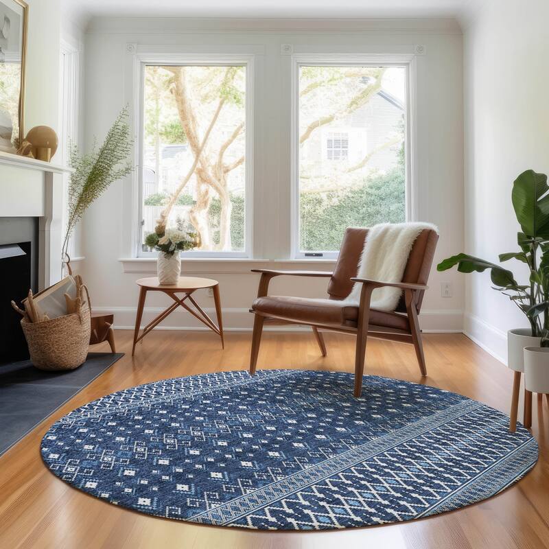 Premium Washable Super Soft Boho Moroccan Mayfield Rug - Navy - 8' x 8' - Round