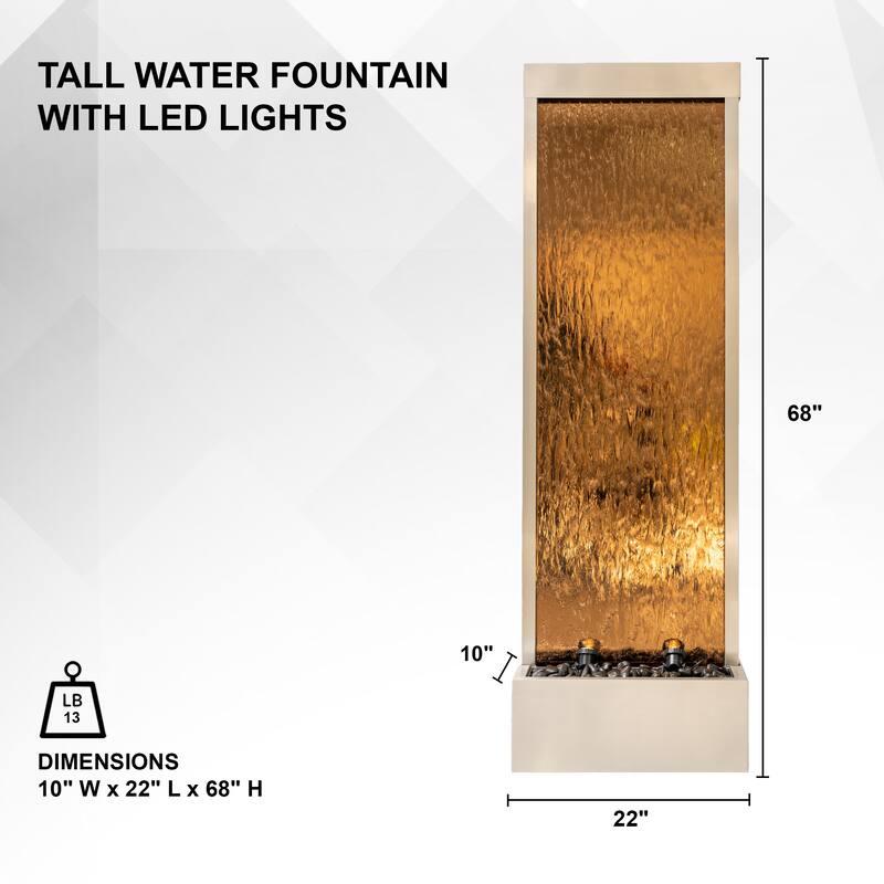 68 in H Freestanding Waterfall Fountain w/ Decorative Rocks LED, Auto-Shut Off Pump Stainless Steel/Bronze Glass, Silver Frame
