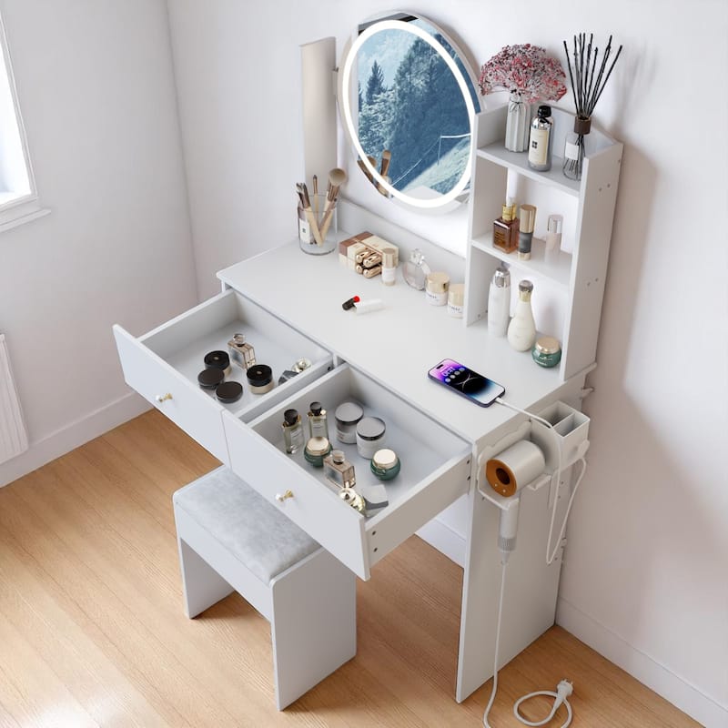Modern Vanity Set with Touch LED Mirror, Built-in 2 AC Outlets, USB & Type-C Charging, Stool Included, Makeup Storage Desk