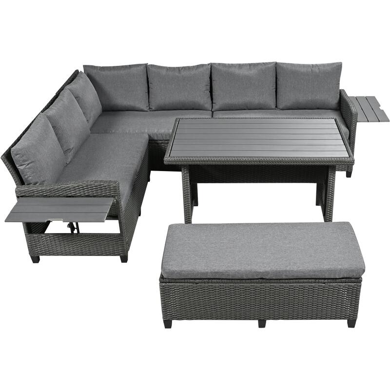 Outdoor 5-Piece Rattan Sectional Sofa Set with Dining Table & Side Tables