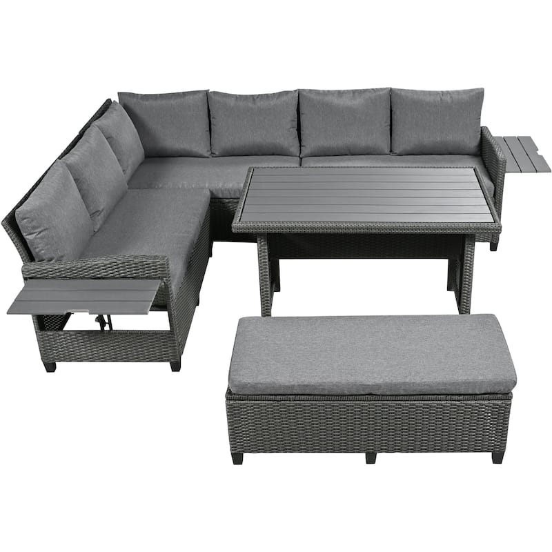 Roomfitters 5-Piece Outdoor Rattan Sofa Set, Patio Sectional Furniture with Dining Table, Storage Bench, Side Trays