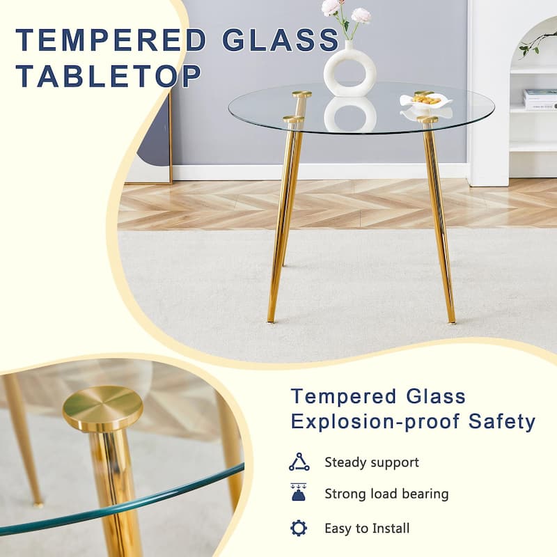 5-Piece Small Dining Table Set for 4, Modern Round Glass Table with 4 Faux Leather Dining Chairs for Small Spaces