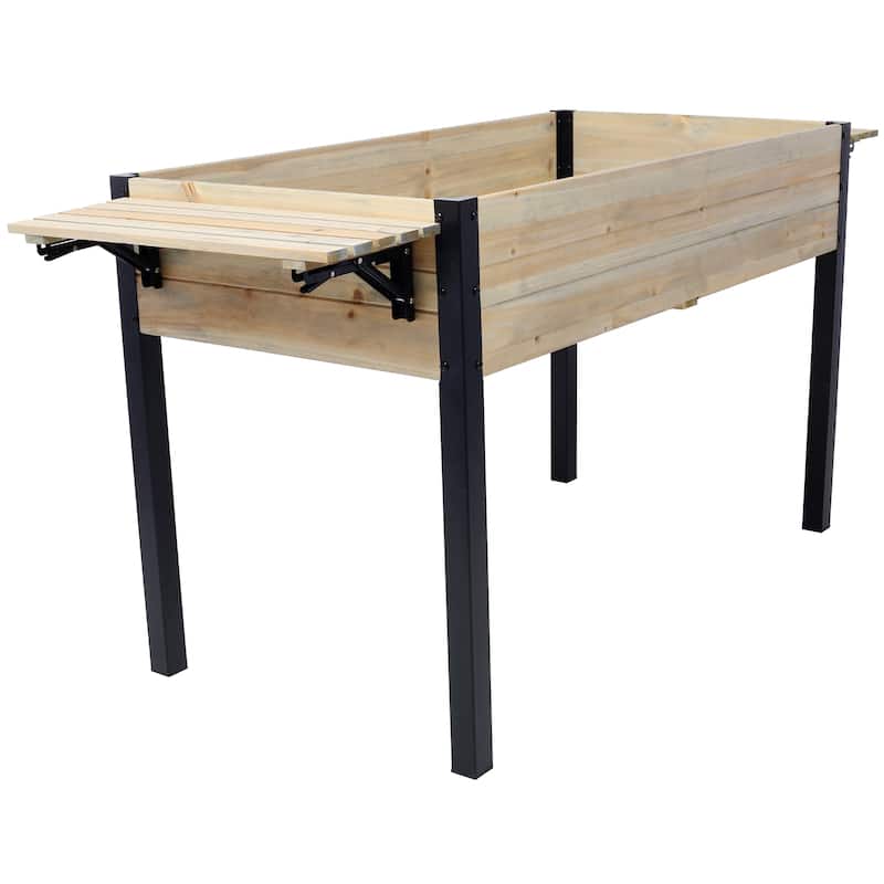 Wood Planter Boxes Raised Garden Bed with Folding Storage Shelf Metal Leg and Modular Bottom Pads for Outdoor Patio Deck