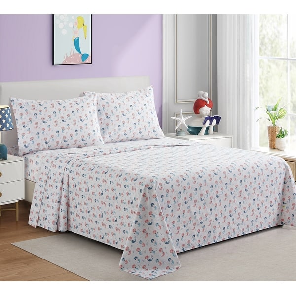 slide 2 of 5, Kids Girls Printed 600 Thread Count Soft Deep Pocket Cotton Blend Percale All Season Bedding Sheet Set, Cartoon Mermaid Pink, Blue, White - Full