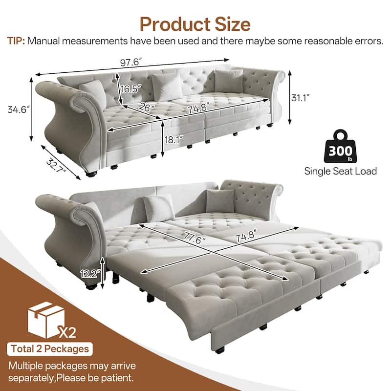 97.6" Oversized Chesterfield Pull-Out Sofa Bed, Velvet Upholstered Sleeper Couch with Roll Arms & Tufting
