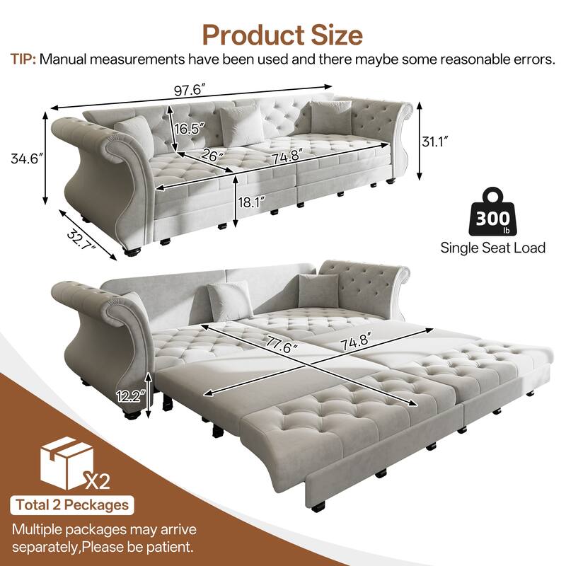 97.6 Inch Chesterfield Pull Out Sofa Bed, Velvet Roll Arm Couch with Flower Tufting, Convertible Sleeper