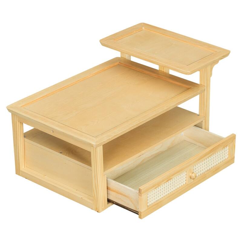 Modern Coffee Table, Coffee Table with 1 Storage Shelf, 2 Tabletops and 1 Rattan Drawer For Living Room