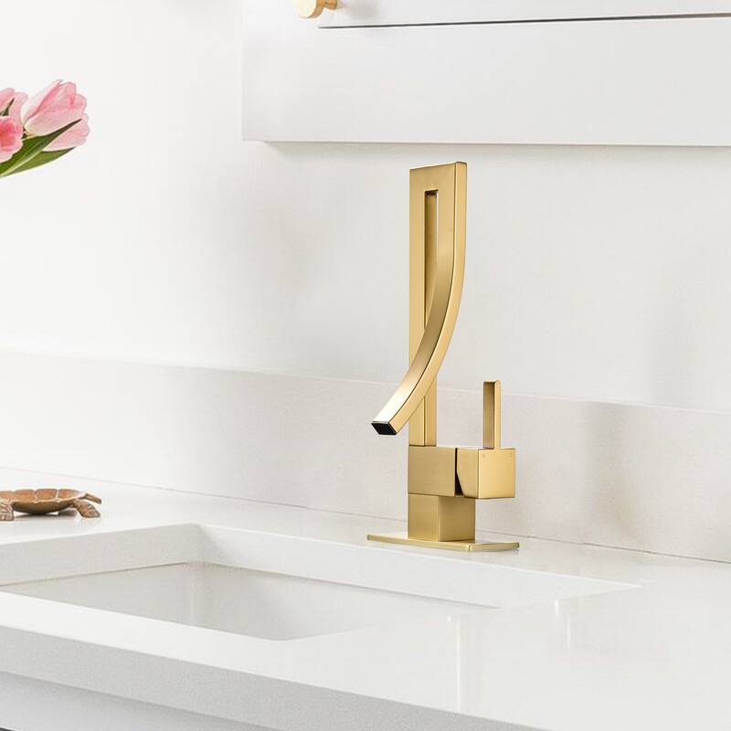 13.5"H Solid Brass Creative Design Single Handle Waterfall Bathroom Sink Faucet with Pop-Up Drain Assembly