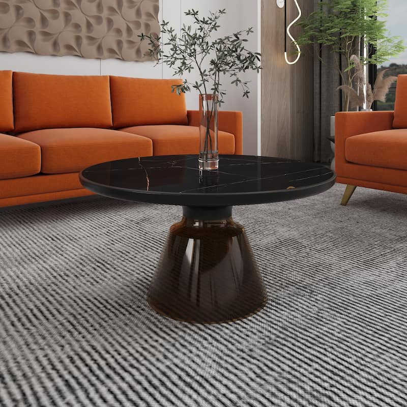 30-Inch Round Coffee Table Glass/Stone Tabletop with Black Iron Rim Frame Glass Pedestal Base