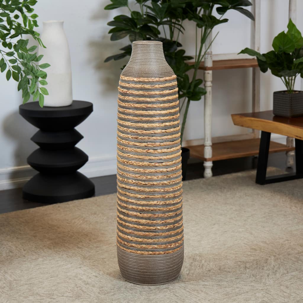 Brown Seagrass Handmade Braided Decorative Vase with Layered Gray Paneling
