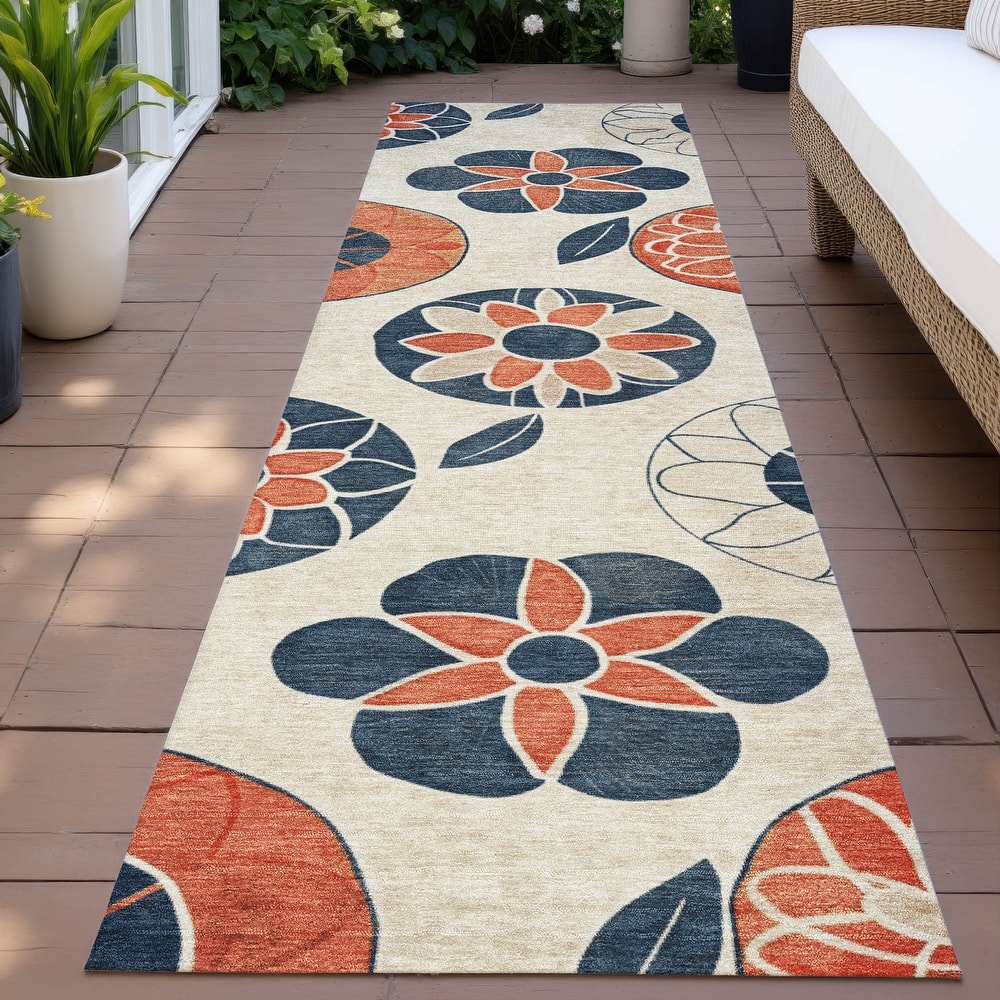 Machine Washable Indoor/Outdoor Transitional Floral Chantille Rug