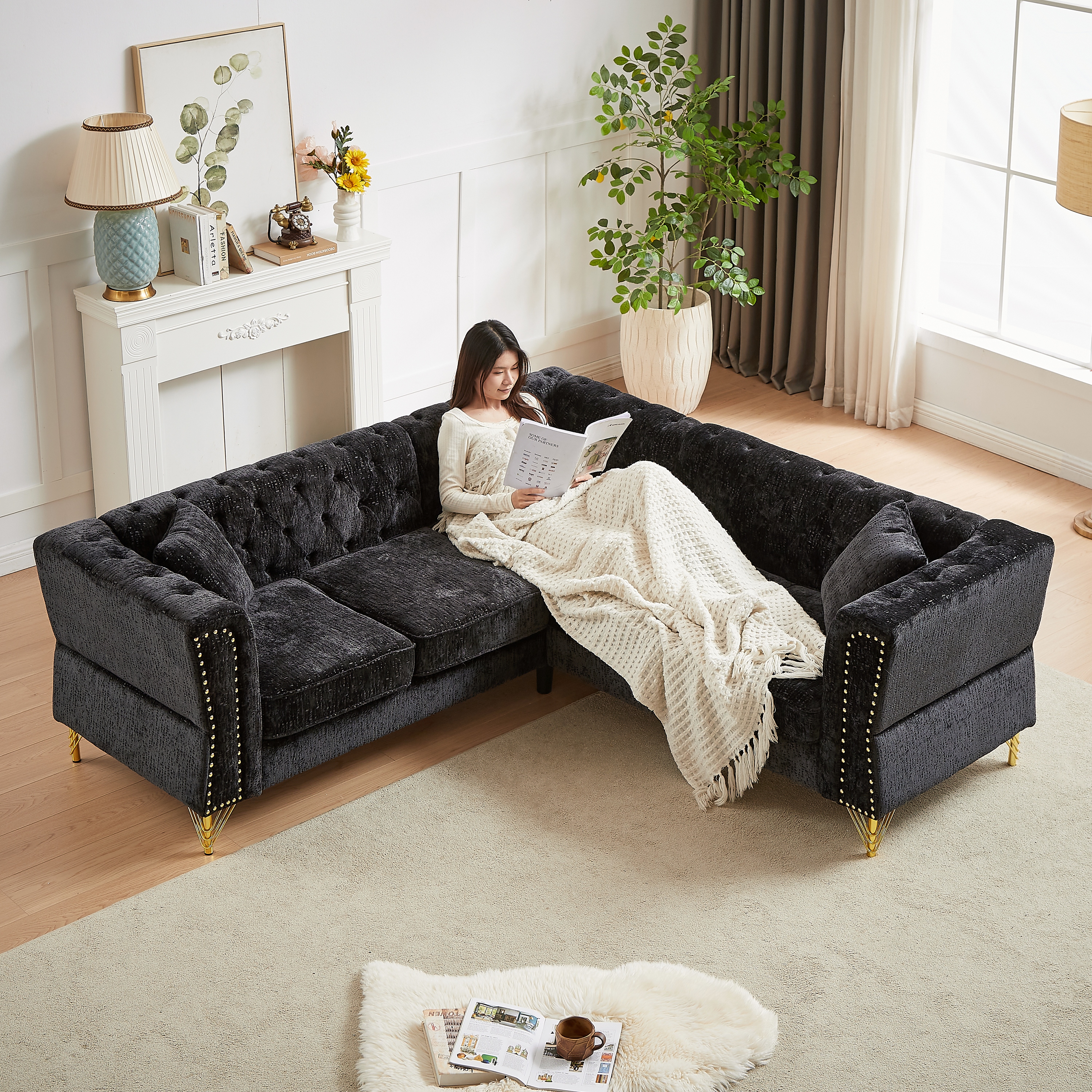 Black 81.5 Chesterfield Chenille L Shaped Corner Sectional Sofa with Tufted Backrest Bed Bath Beyond 40846885