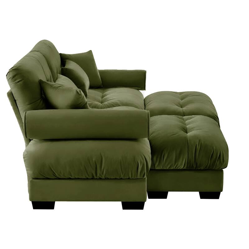 93.7" Oversized Velvet 2-Seater Sofa with Ottoman, Round Bolster Armrests, and Included Pillows