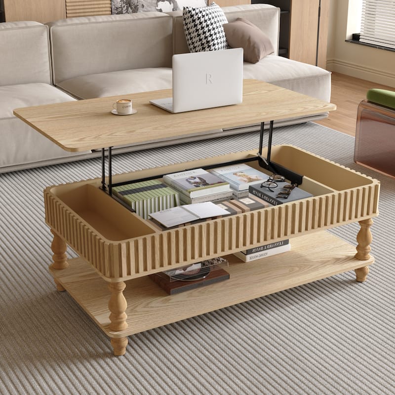 47.24" Lift Top Coffee Table with Storage - Solid Wood Modern Desk with Fluted Columns for Small Living Room - Oak