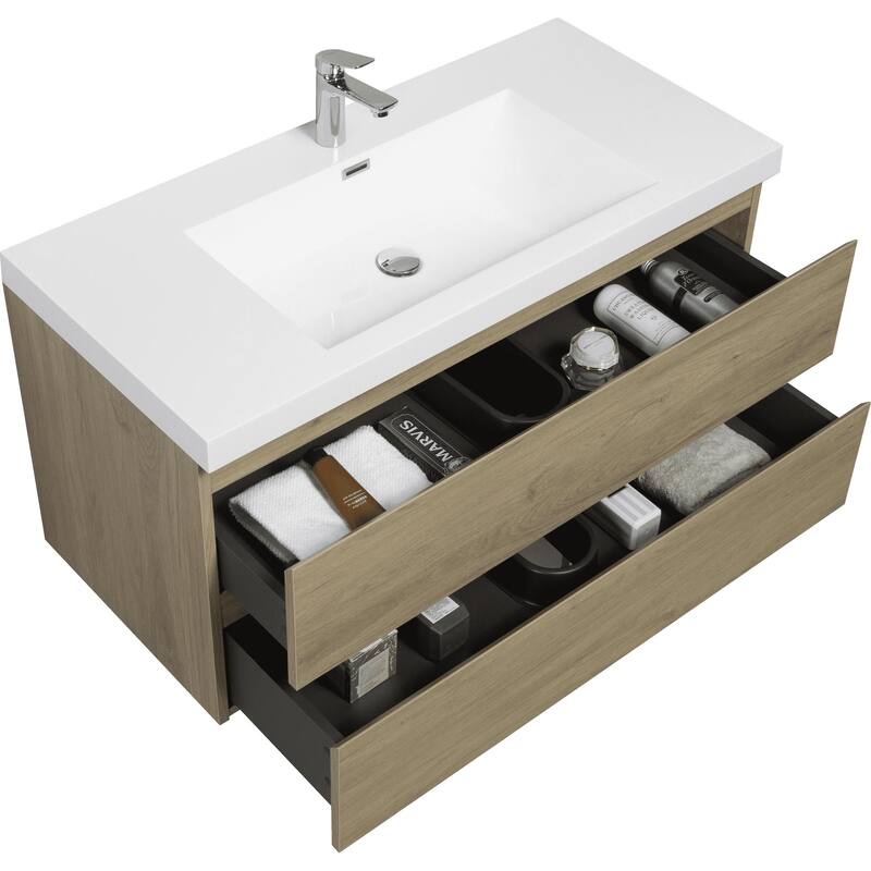 42" Floating Bathroom Vanity with Sink - Ash Grey Wall-Mounted Cabinet, Resin Countertop, Soft-Close Drawers