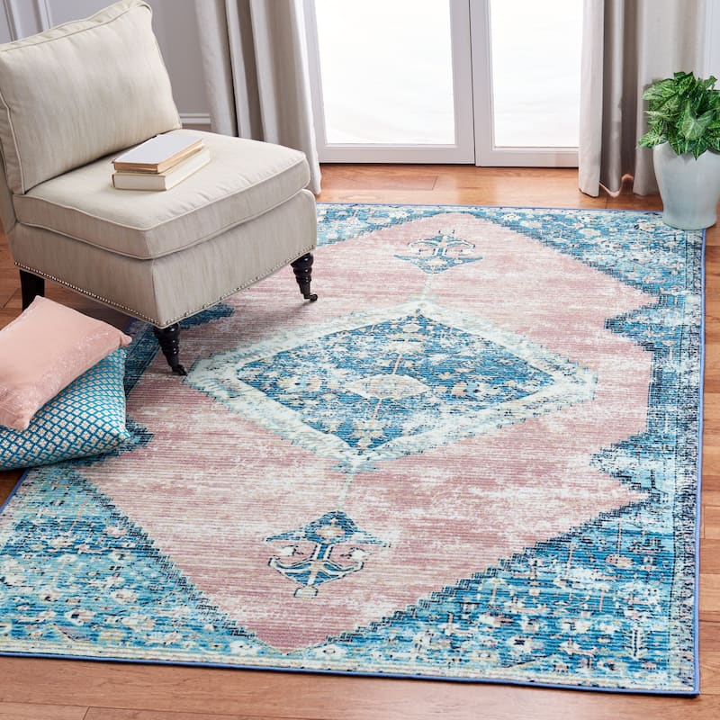 SAFAVIEH Journey Machine Washable Slip Resistant Lani Medallion Distressed - 8' 9" x 12' - Blue/Pink