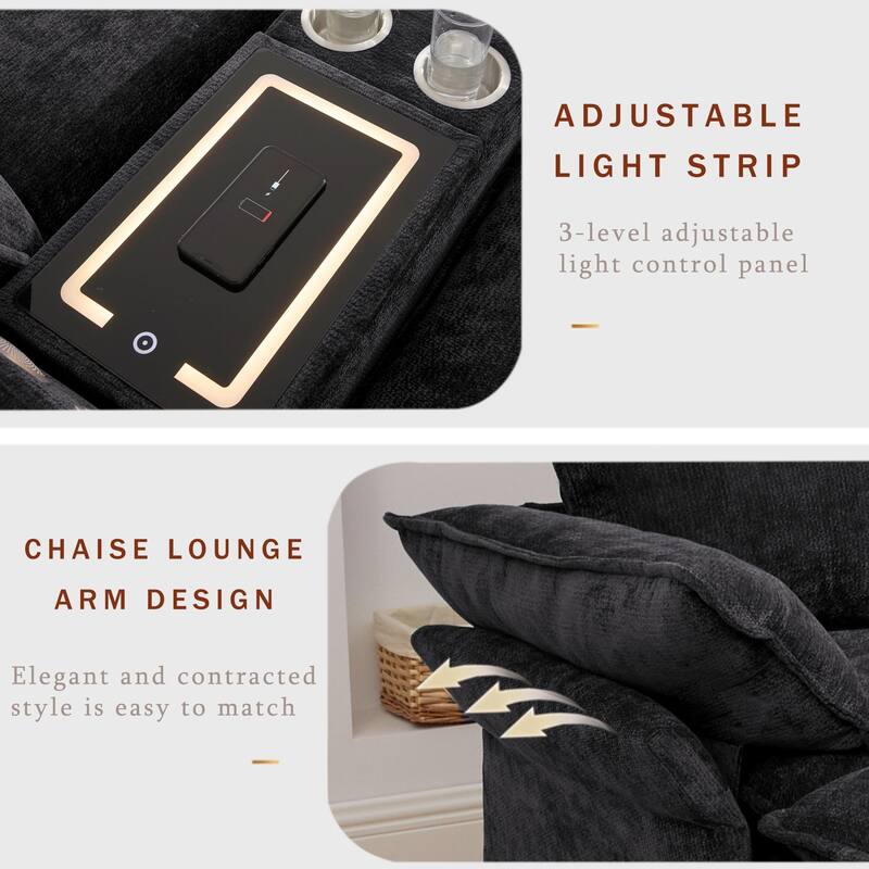 U-Shaped Chenille Modular Sofa with Bluetooth Speakers, Wireless Charging, Storage Console, 2 Cup Holders & Movable Ottoman
