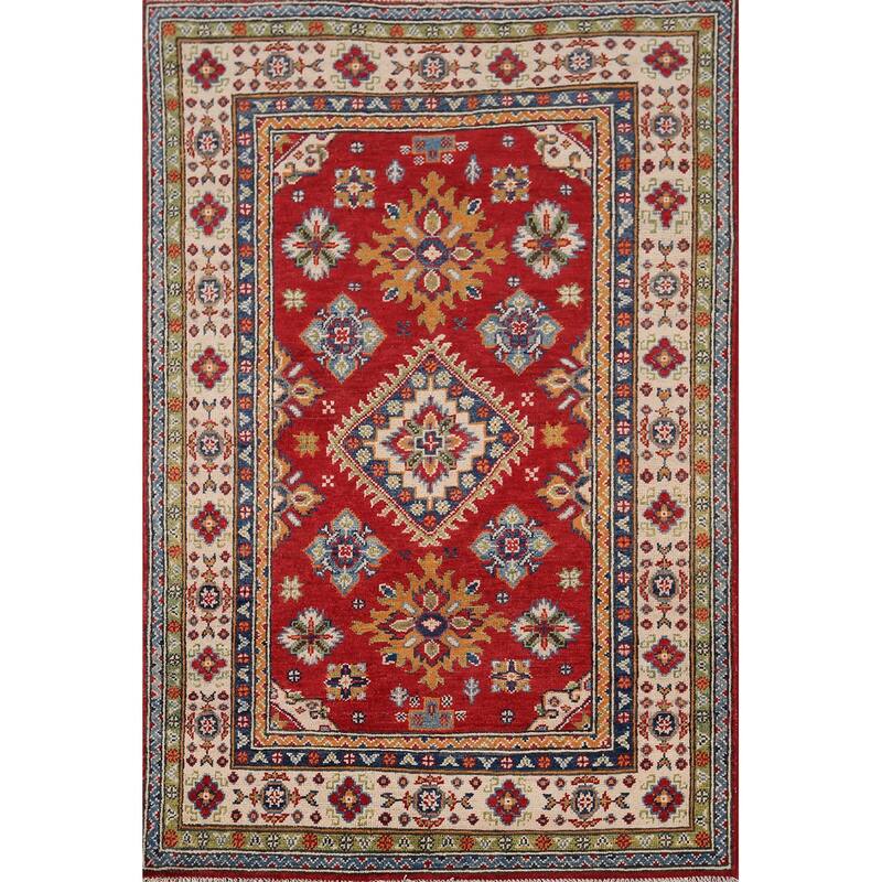 Red Kazak Accent Rug Hand-Knotted Traditional Oriental Wool Carpet - 3'3" x 4'9"