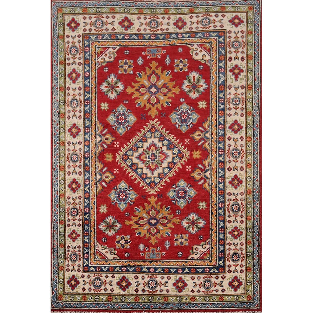 Red Kazak Accent Rug Hand-Knotted Traditional Oriental Wool Carpet - 3'3" x 4'9"