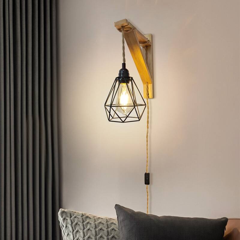 Rustic Plug-In Wall Sconce With Wood Shelf, Hanging Lamp With On/Off Switch, For Farmhouse Bedroom, Hallway, Living Room