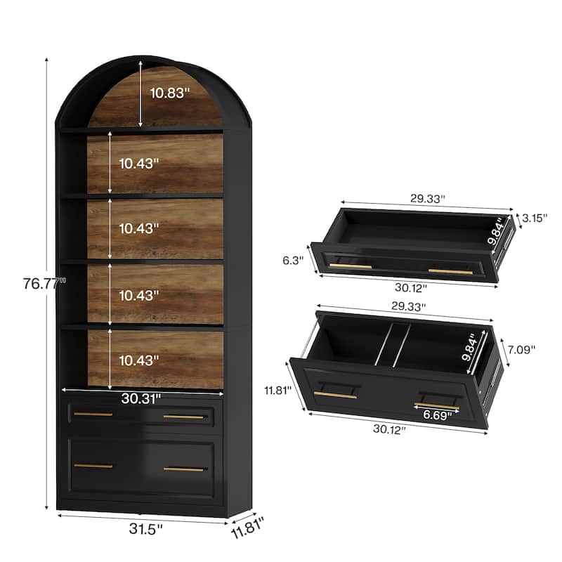 76.8" Tall Arched Bookcase, 5-Tier Modern Bookshelf with File Cabinet Drawer