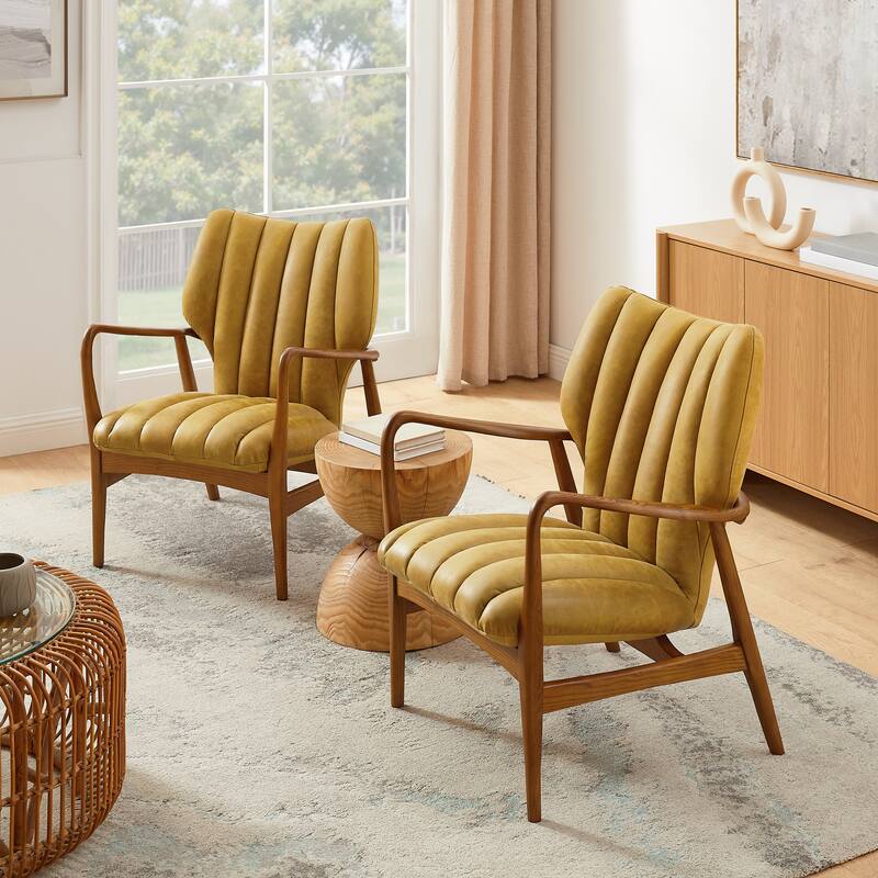 Art Leon Genuine Leather and Ash Wood Accent Chair